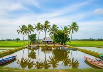 Illustration of beautiful rural scenery with palm trees reflecting in the water pond