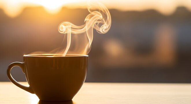 Hot Coffee Mug with Steam Rising During Sunrise on Rustic Surface