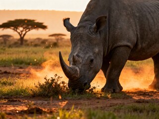Obraz premium A rhinoceros grazes in a grassy field at sunset, dust rising around its head.