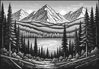 Illustration of monochrome mountain landscape with forest and lake in vintage style