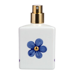 A white, square-shaped perfume bottle with a gold pump and painted blue flower