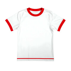 A white crew neck t-shirt with red collar, sleeves, and hem
