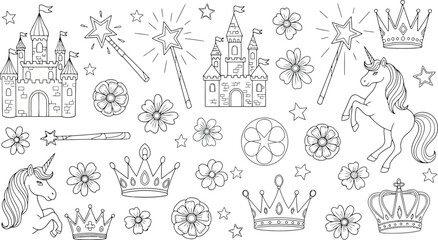 Fototapeta premium Vector art of collection of fairytale elements including castles, unicorns, crowns, and magic wands