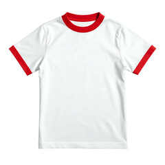 Plain white t-shirt with a red collar and sleeve trim, isolated on a black background