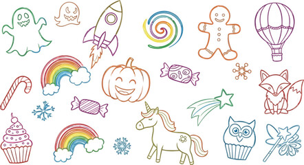 Vector art of collection of whimsical handdrawn doodle elements including a unicorn, rocket, pumpkin, and rainbow