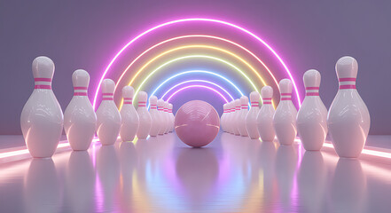 3D rendering of a pink bowling ball hitting pins