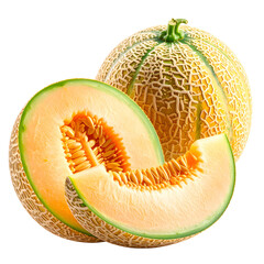 A ripe cantaloupe fruit, whole and sliced, showing textured rind and orange flesh