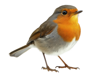 A perched robin, isolated on transparent background, displaying its vibrant orange breast and grey plumage, a charming representation of a common garden bird