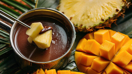 Fruits: papaya, pineapple, and mango Fondue.