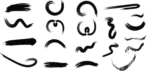Set of Artistic Grunge Black Ink Brush Strokes and Hand-Drawn Design Elements Collection.