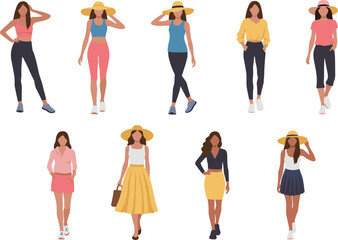 Fashion women character collection wearing casual and summer outfits with hats and stylish clothes for lifestyle, trend, and design illustration