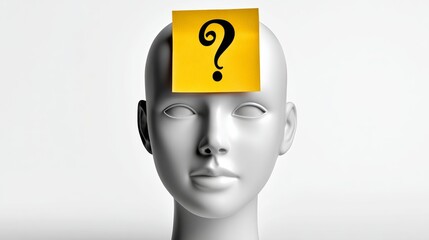 A white head with a yellow question mark sticker on it. The sticker is placed on the forehead