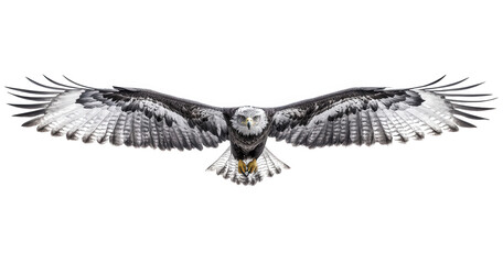 Obraz premium Roughlegged hawk in full flight, isolated on transparent background, showcasing its impressive wingspan and intricate feather patterns against a pristine backdrop