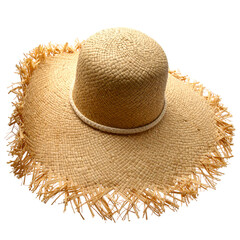 Sun hat made of straw, wide brim with fringe, off-white rope detail on a black backdrop