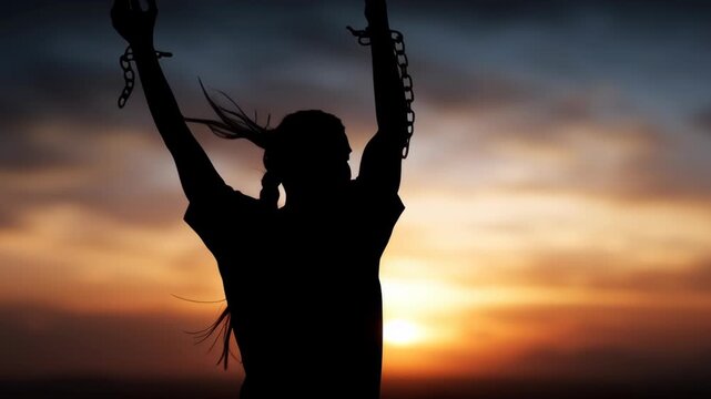 Silhouette of a person breaking free from chains against a sunset backdrop.