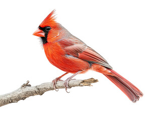 A vibrant male northern cardinal perched on a weathered branch, showcasing its brilliant red plumage against a clean white backdrop, isolated on transparent background