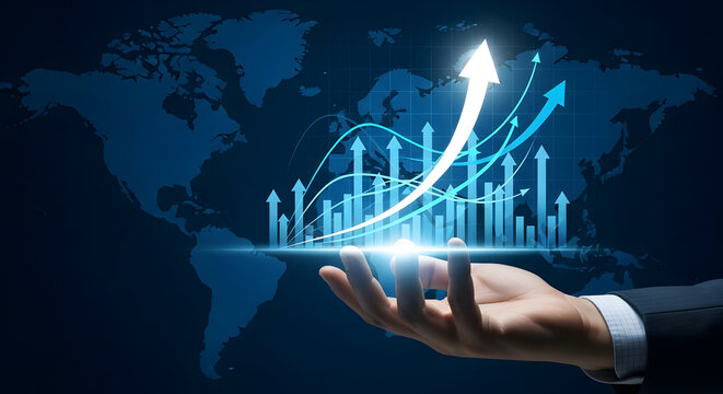 Businessman Hand Holding Upward Financial Growth Chart Over World Map - Powered by Adobe