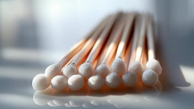 Close-up of a row of cotton-tipped swabs with wooden stems arranged diagonally on a clean reflective surface, highlighting personal hygiene tools for bathroom care and everyday use