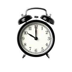 A classic black alarm clock with white face, hands at ten o'clock, isolated on black