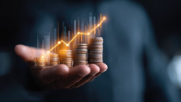 Hand holding stacks of coins with a glowing line graph symbolizing financial growth