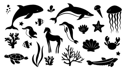 Flat black silhouette illustration of marine animals — whales, dolphins, seahorses, turtles, jellyfish, and corals.