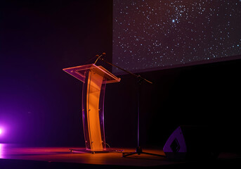 Podium on a stage with a starry sky projection and purple lighti