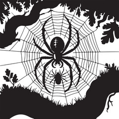 Obraz premium Black silhouette of a large spider and small spider on a web with tree branches and grass black and white
