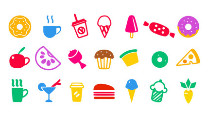 Flat vector illustration of colorful food and beverage doodle elements. Includes burgers, pizza slices, coffee cups, donuts, fruits, ice cream, and utensils.