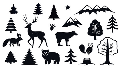 Silhouette vector icons of wild forest creatures — deer, fox, bear, owl, squirrel, trees, and mountain
