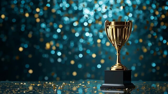 A golden trophy on a reflective surface with a bokeh background.