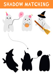 Halloween shadow matching activity for children. Autumn puzzle with cute ghosts. Fall educational game for kids. Find the correct silhouette printable worksheet. Vector cartoon illustration
