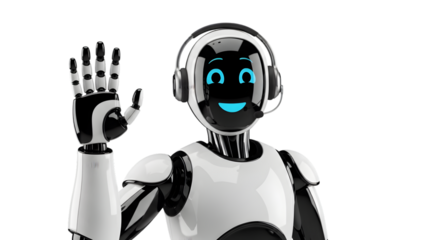 Friendly Robot Waving Hello with Headset greeting