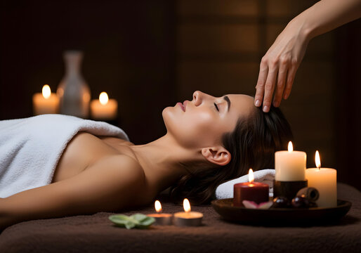 Woman enjoying head massage with candles in spa relaxation - Powered by Adobe