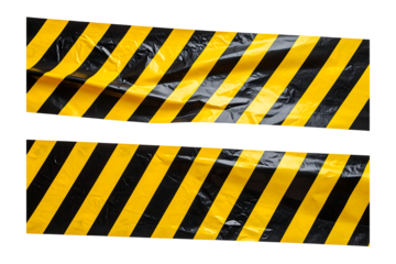 Two pieces of yellow and black hazard warning tape with diagonal stripes isolated on transparent background