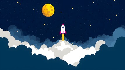 Illustration of a rocket in space concept. Flat illustration of a rocket in space with clouds, stars and planets