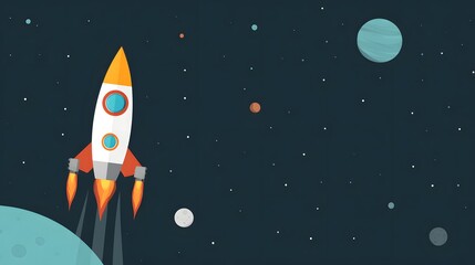 Illustration of a rocket in space concept. Flat illustration of a rocket in space with clouds, stars and planets
