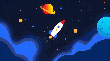 Illustration of a rocket in space concept. Flat illustration of a rocket in space with clouds, stars and planets