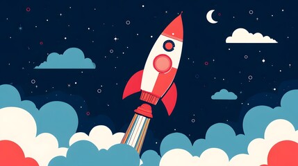 Illustration of a rocket in space concept. Flat illustration of a rocket in space with clouds, stars and planets