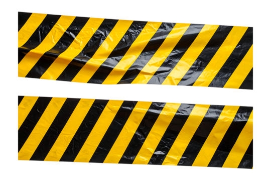 Two pieces of yellow and black hazard warning tape with diagonal stripes isolated on transparent background