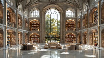 Luxurious historic library reading room with grand arched windows, marble floor, built-in leather bound bookshelves, warm ambient lighting, and contemporary seating for quiet study - Powered by Adobe