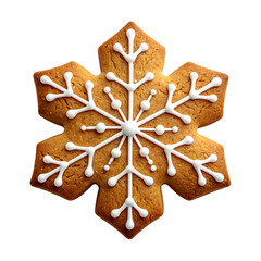 A gingerbread snowflake, decorated with white icing, against a stark black backdrop
