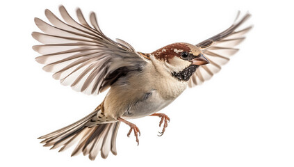 Obraz premium A sparrow gracefully takes flight, isolated on transparent background, showcasing its intricate feather details and dynamic pose against a clean, minimalist backdrop, capturing its essence