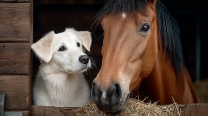 Obraz premium Dog and a horse are standing in a barn. The dog is looking at the horse with curiosity