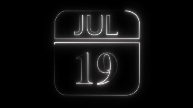White neon outline of a calendar page showing July 19 on a black background date nineteenth