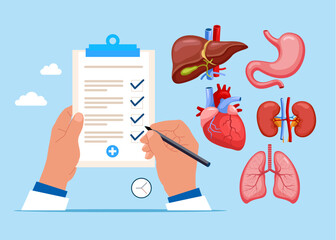 Checking patient. Human internal organs. Heart, kidneys, lungs, stomach, liver. Medical health checklist organs. Vector flat illustration.