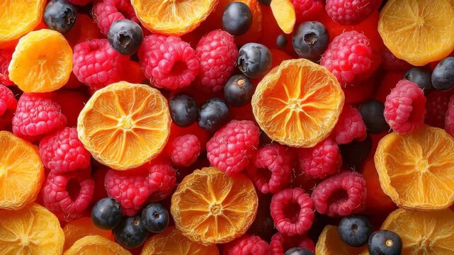 Colorful arrangement of fresh raspberries, blueberries, and dried orange slices in a vibrant assortment ideal for healthy snacking visuals, dessert garnish or market photography