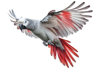 An african grey parrot in midflight, isolated on transparent background, its wings spread wide, revealing vibrant red feathers amidst its grey plumage