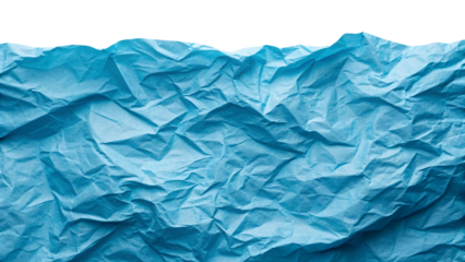 Crumpled blue turquoise paper texture with wrinkled folds creating abstract mountain-like landscape formation patterns, isolated on a transparent background