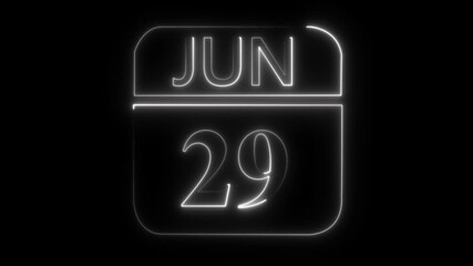 Neon calendar icon showing June 29th date on black background twenty-nine