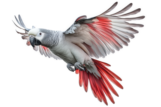 An african grey parrot in midflight, isolated on transparent background, its wings spread wide, revealing vibrant red feathers amidst its grey plumage